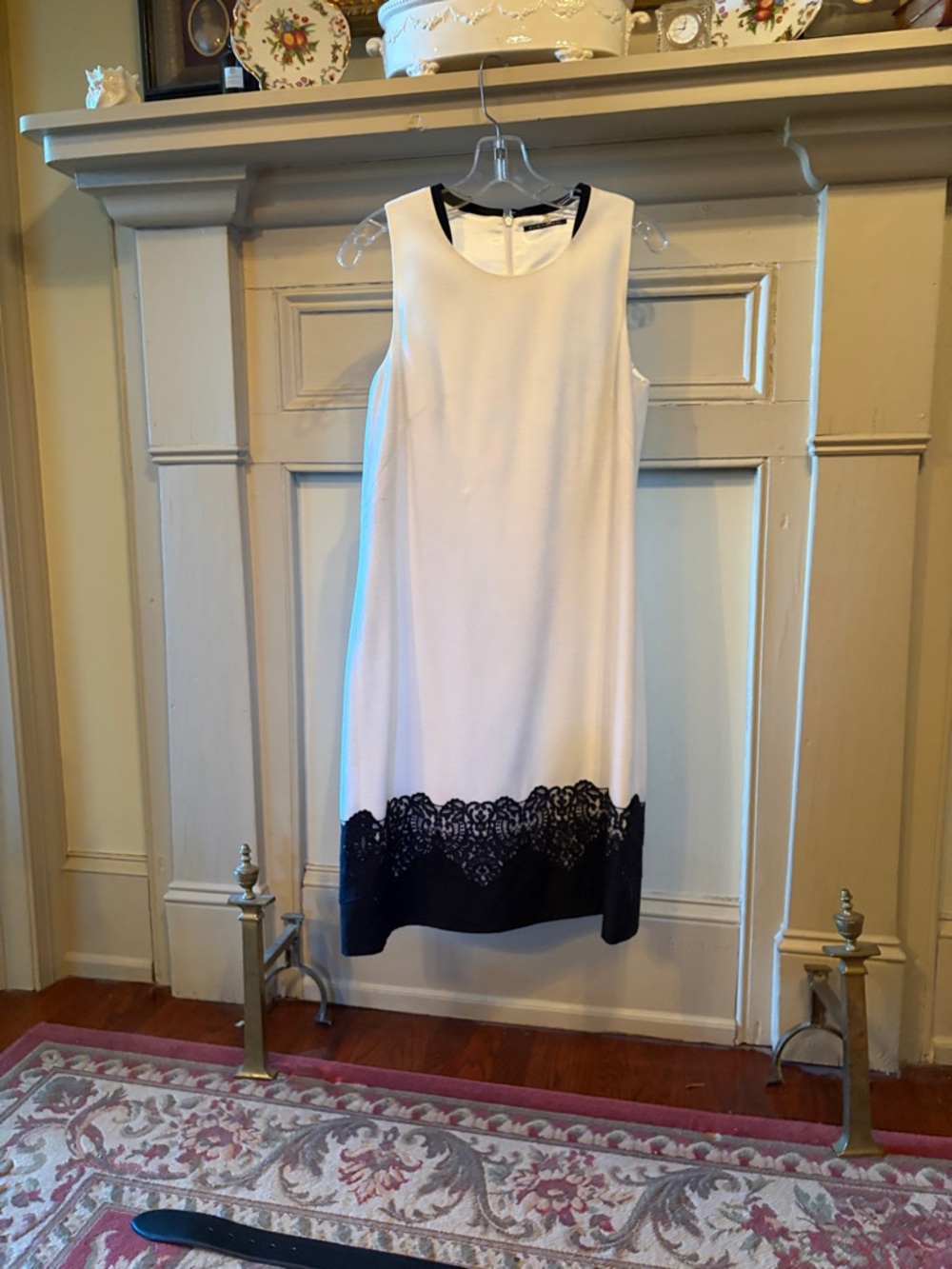 Sleeveless White Shift Dress with Black Lace Hem